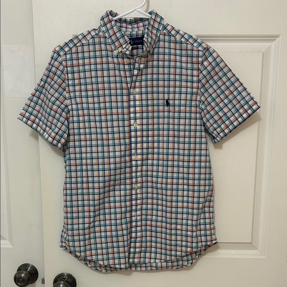 Ralph Lauren Short Sleeve Plaid Button Down Shirt size large 14–16 white blue